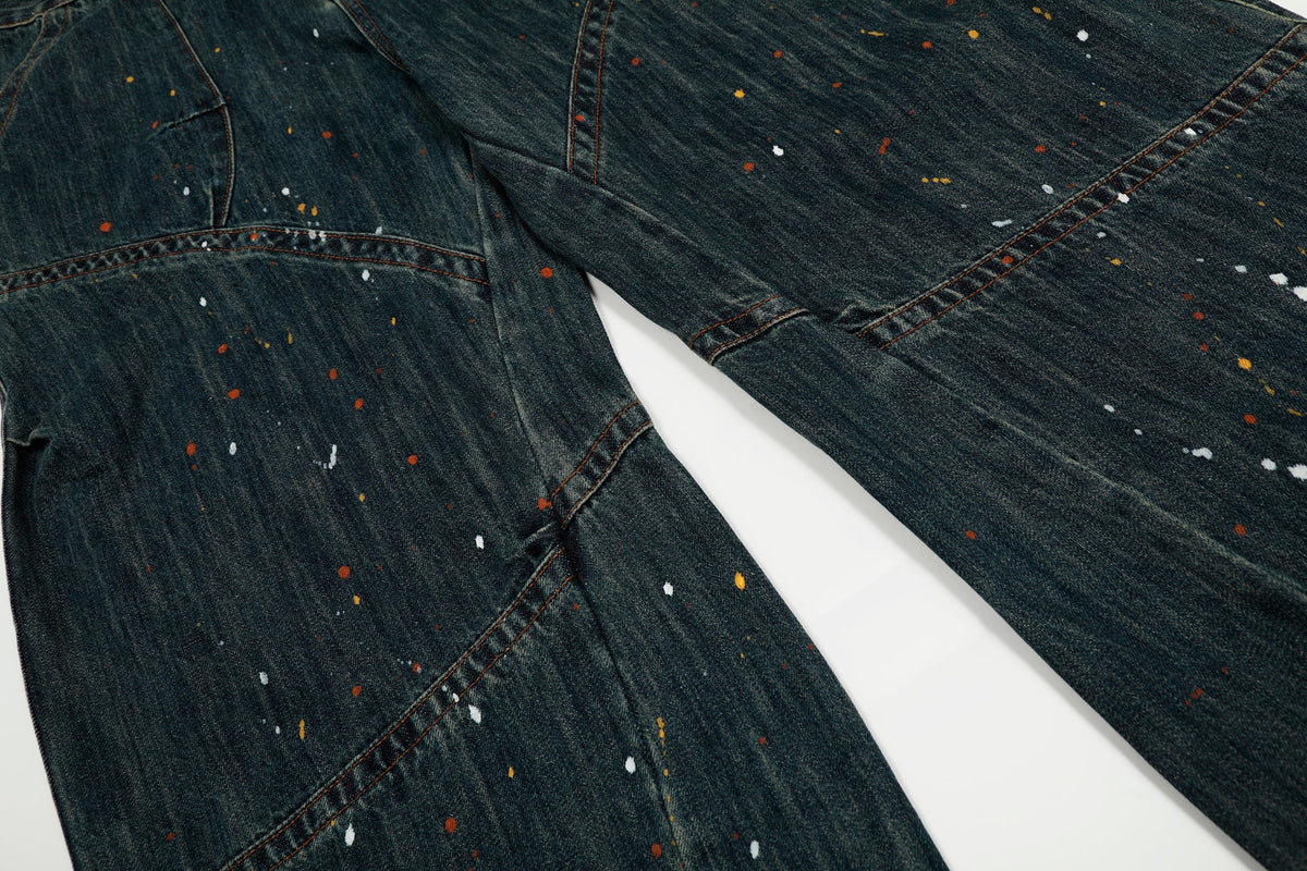 Calça Jeans Wide-Leg Patchwork com Respingos de Tinta Madxmarx