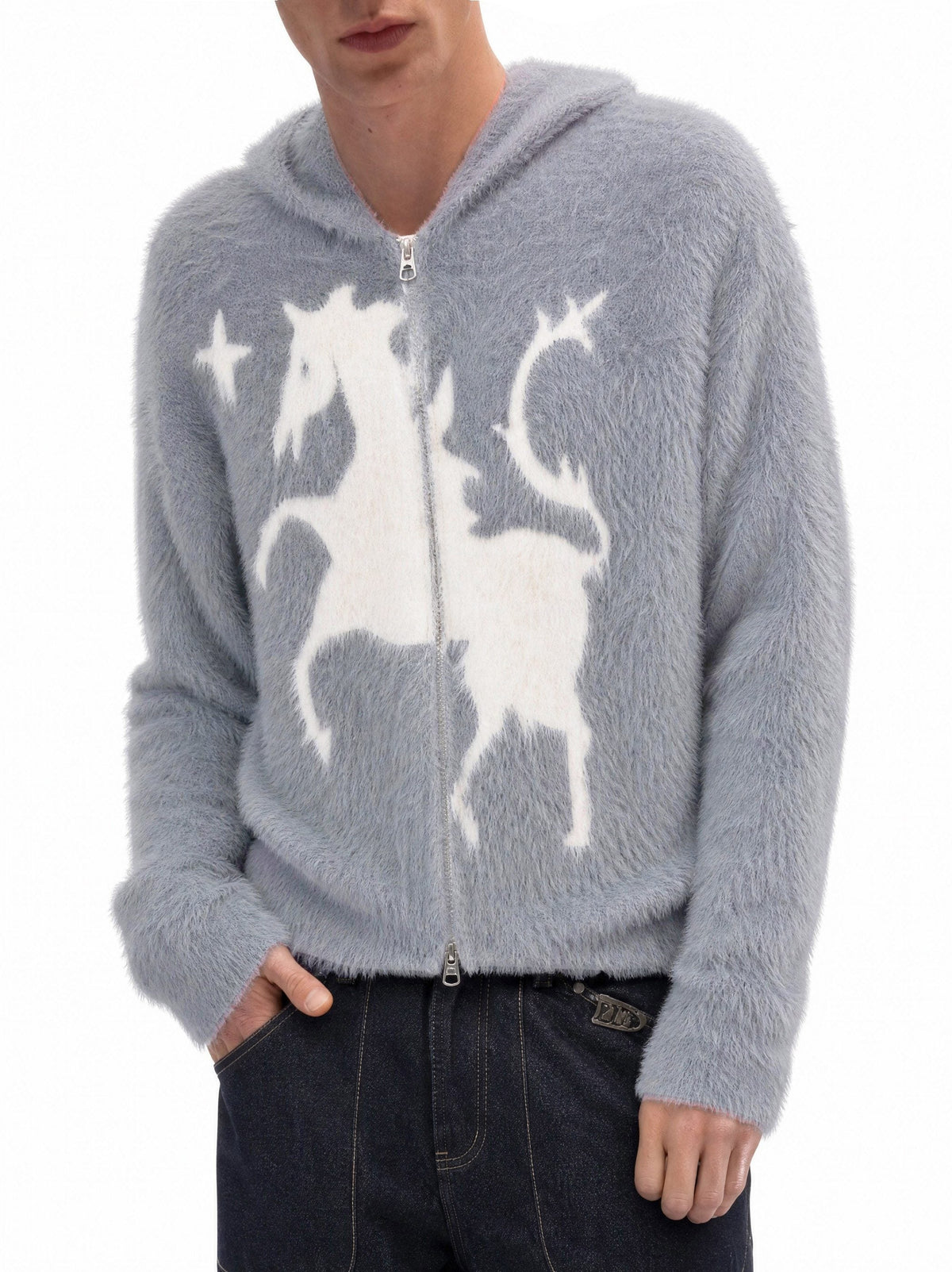 Madxmarx Fuzzy Graphic Zip-Up Sweater