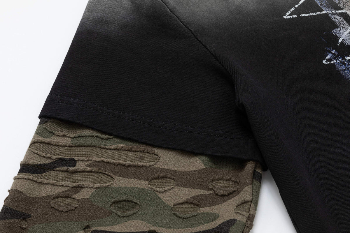 Madxmarx Layered Camo Sleeve Washed T-Shirt
