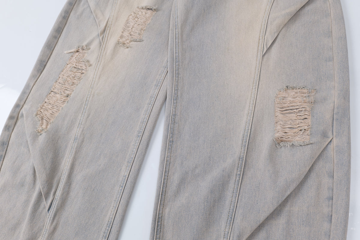 Madxmarx Distressed Curved Wide-Leg Denim Pants