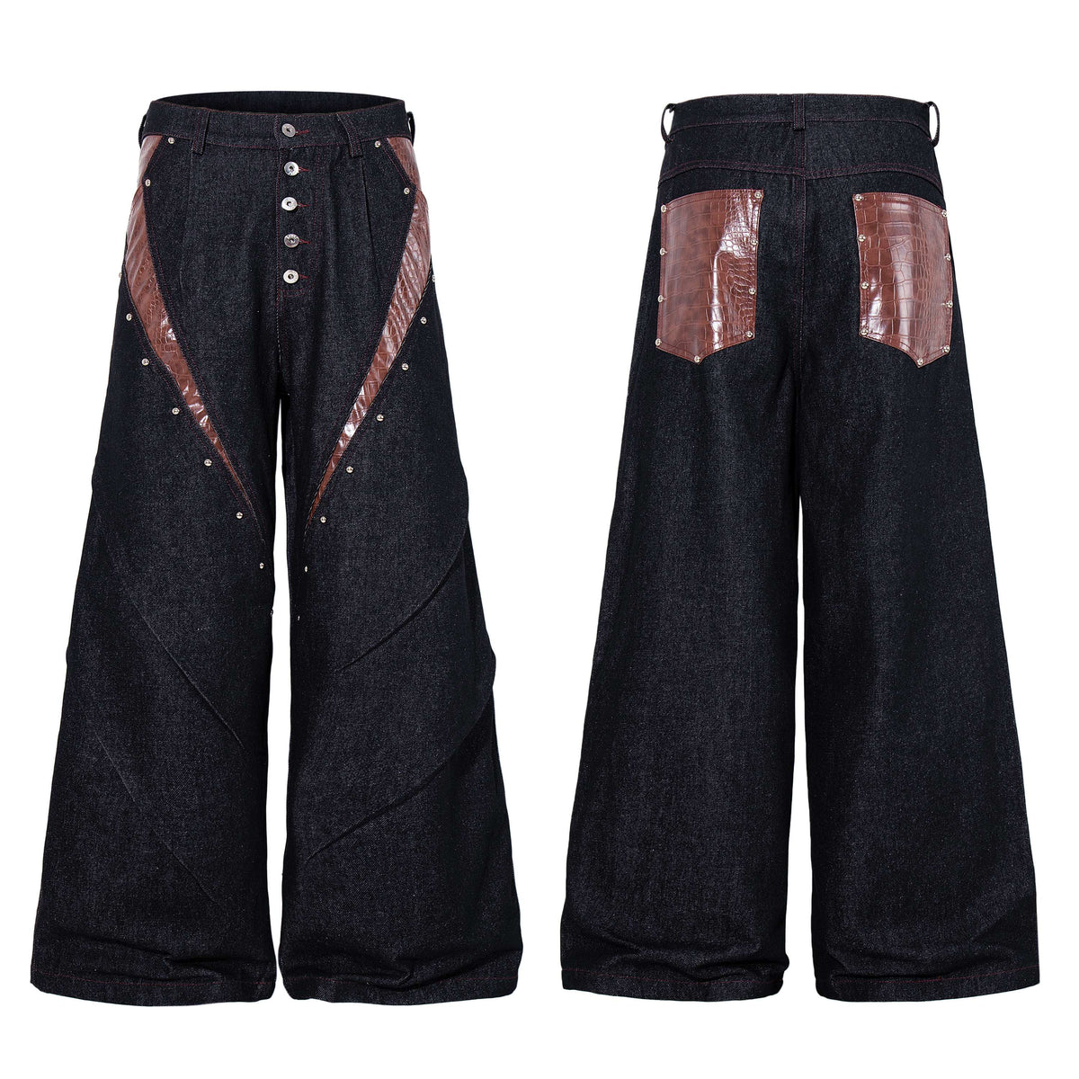 Madxmarx Croc-Effect Panel Studded Wide-Leg Jeans