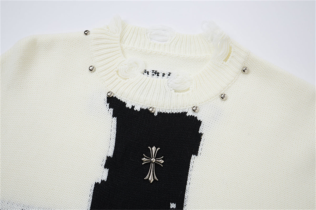 Madxmarx Distressed Cross Knit Sweater