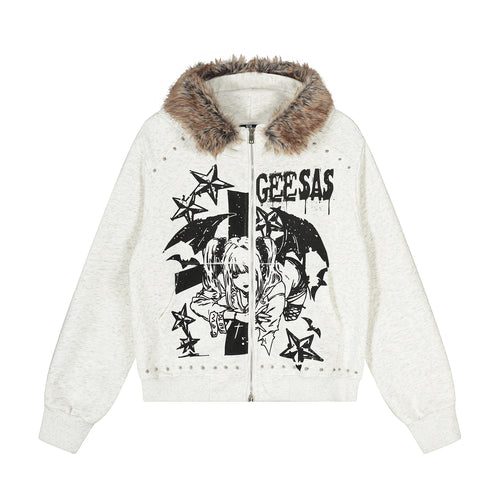 Madxmarx Faux-Fur Collar Graphic Zip Hoodie - S / Grey