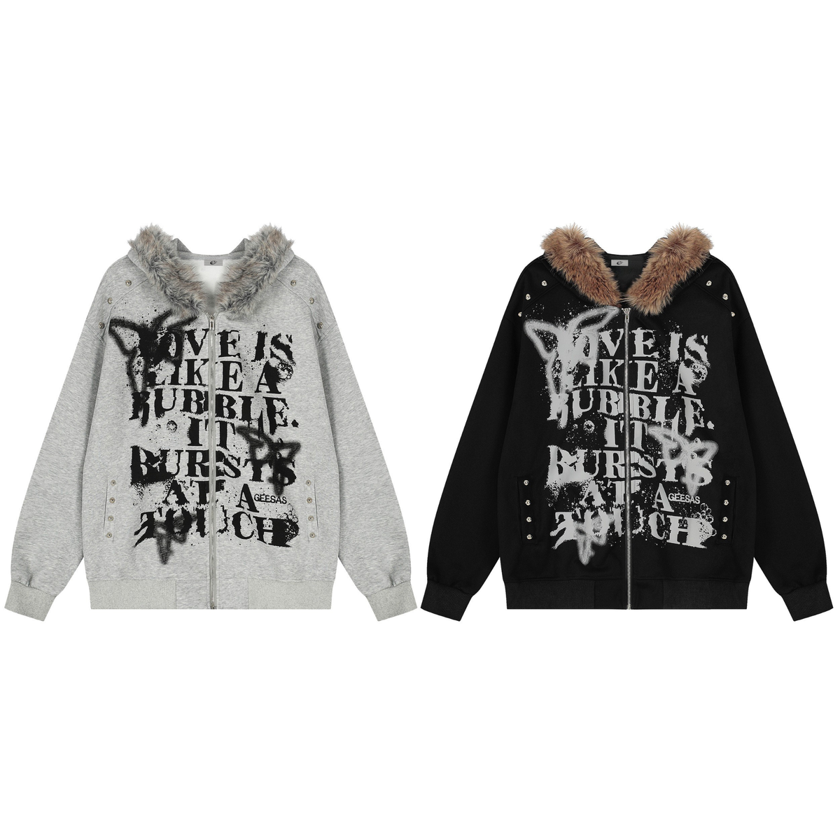 Sweat à capuche zippé à graffiti avec col en fausse fourrure Madxmarx