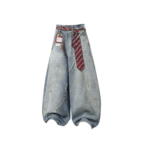 Madxmarx Tie-Detailed Washed Barrel Jeans - XS / Blue