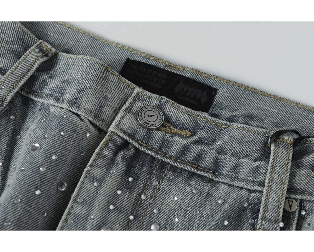 Calça Jeans Wide-Leg Madxmarx Lavagem Clara com Strass