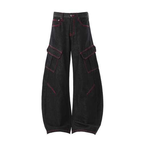 Madxmarx Red-Stitch Curved Cargo Denim Pants - XS / Black