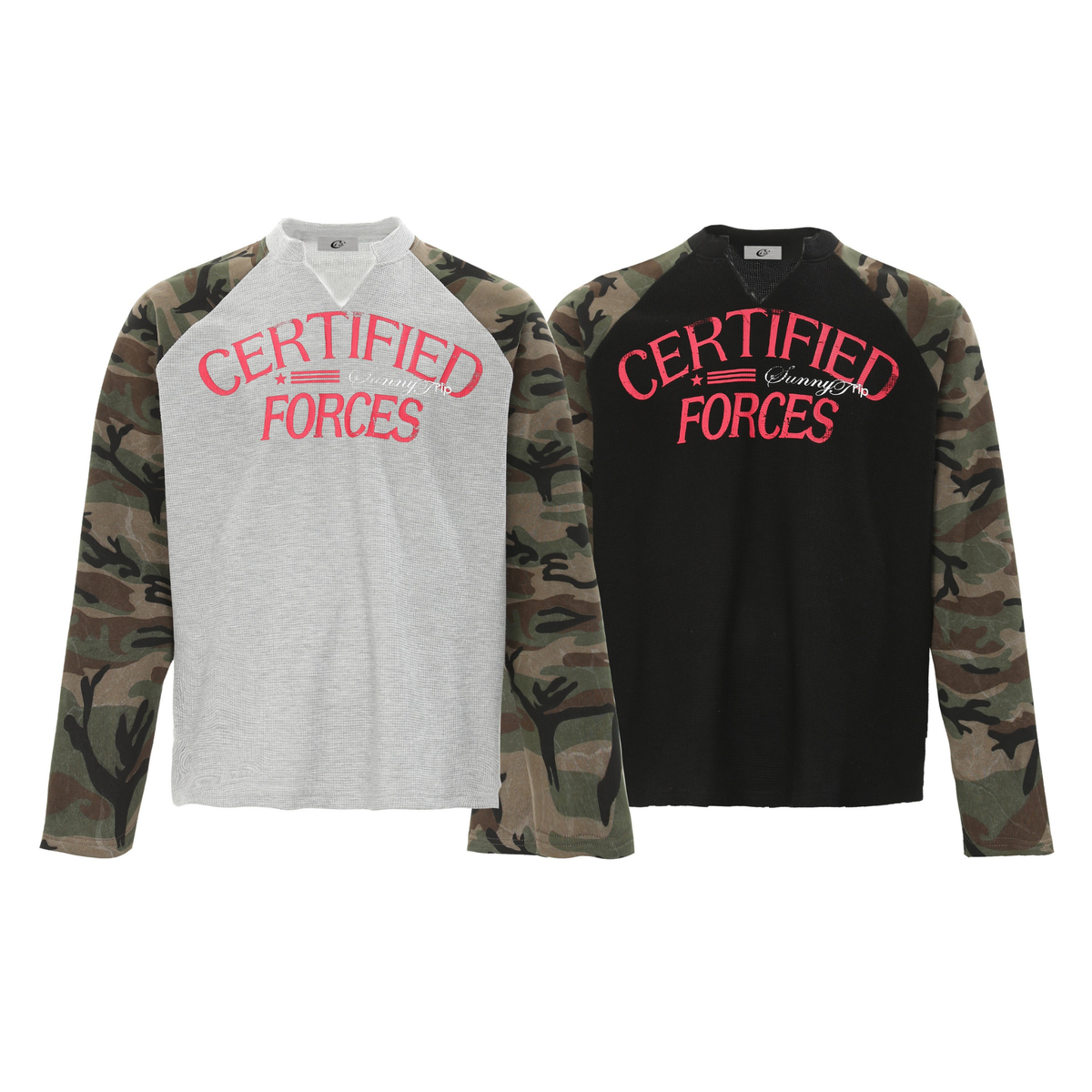 Madxmarx Camo-Sleeve Varsity Graphic Long-Sleeve Tee