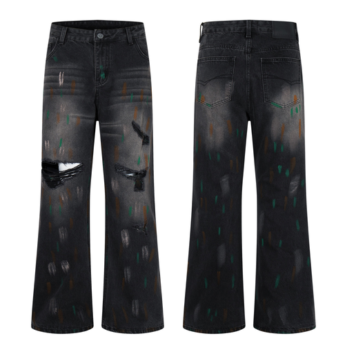 Jean large effet vieilli peint Madxmarx - TP / Noir