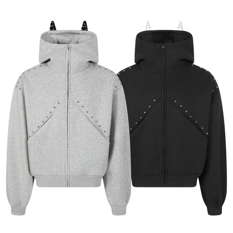 Madxmarx Devil Horn Studded High-Neck Zip Hoodie
