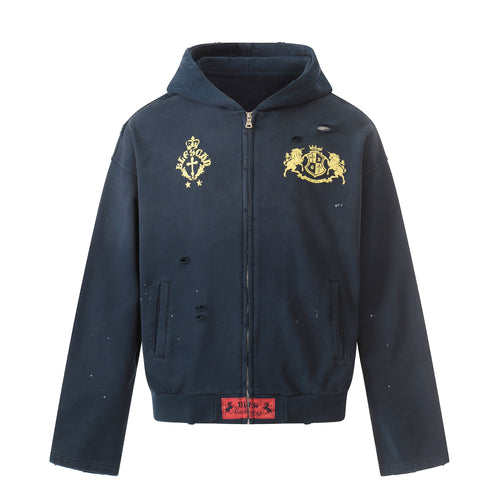 Madxmarx Distressed Crest Zip-Up Hoodie - S / Blue