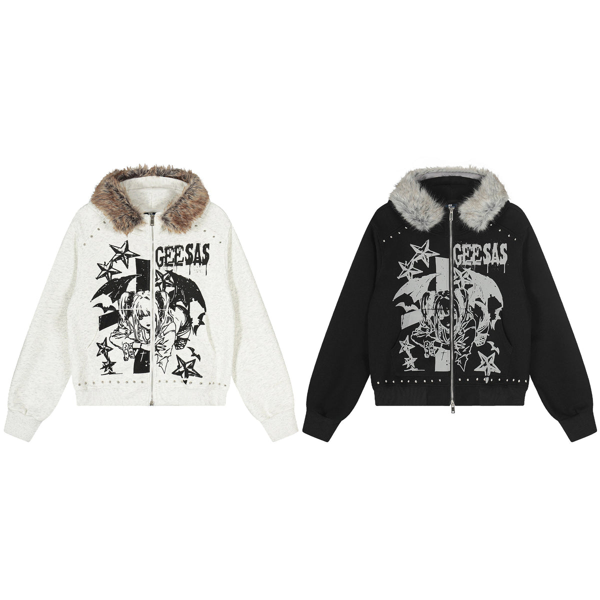 Madxmarx Faux-Fur Collar Graphic Zip Hoodie