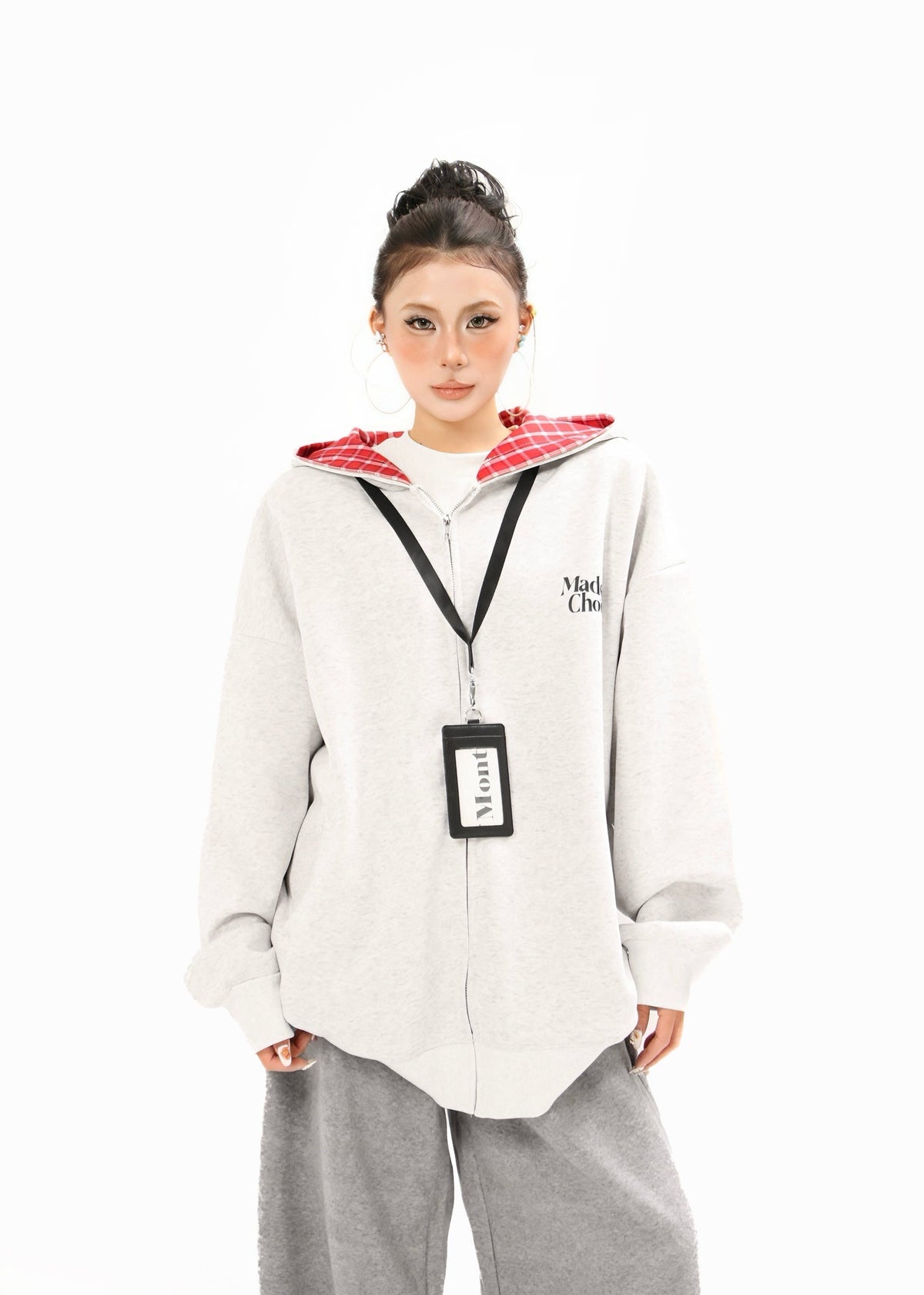 Madxmarx Plaid-Lined Minimal Zip Hoodie
