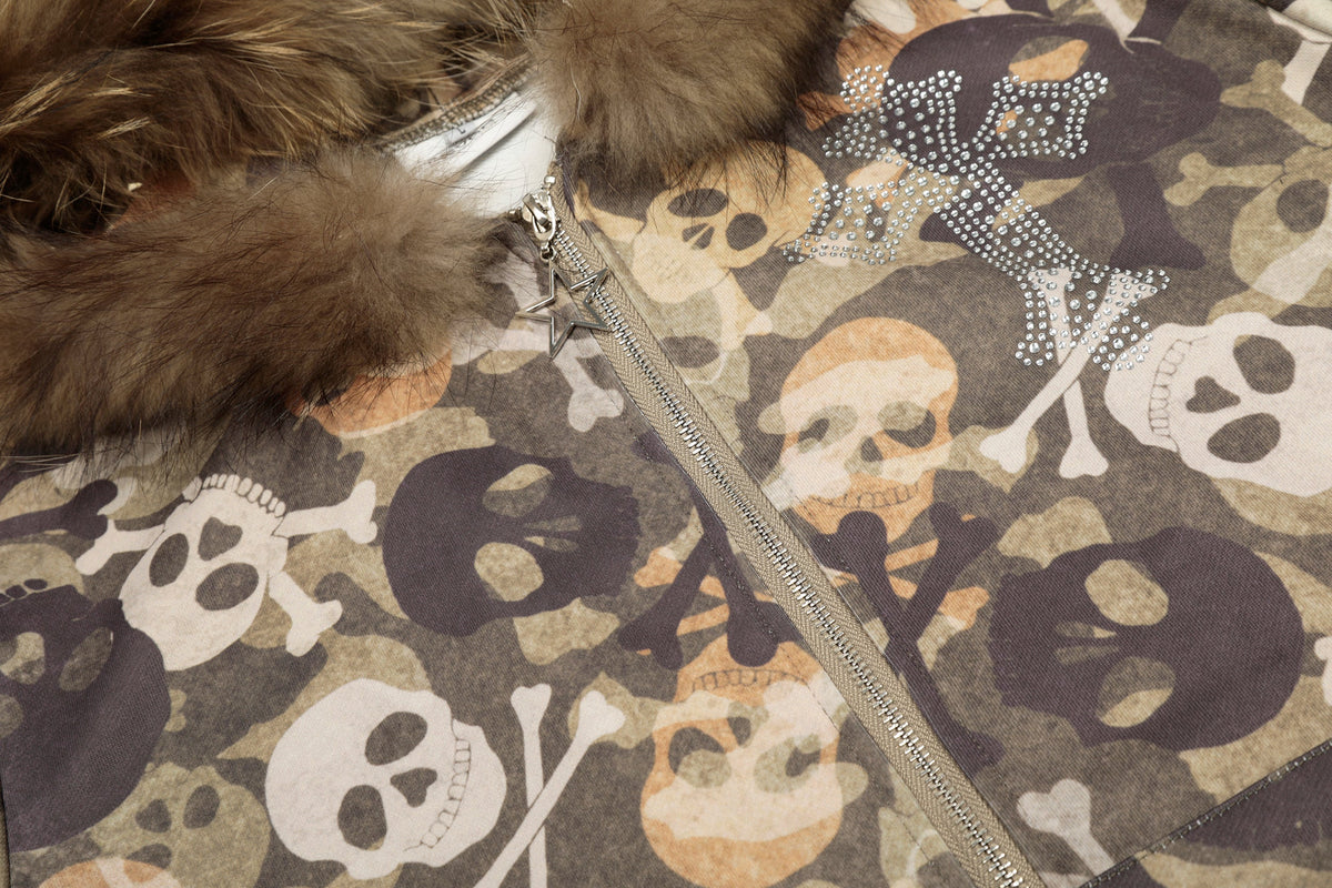 Madxmarx Kapuzenjacke mit Totenkopf-Camouflage und Fellbesatz