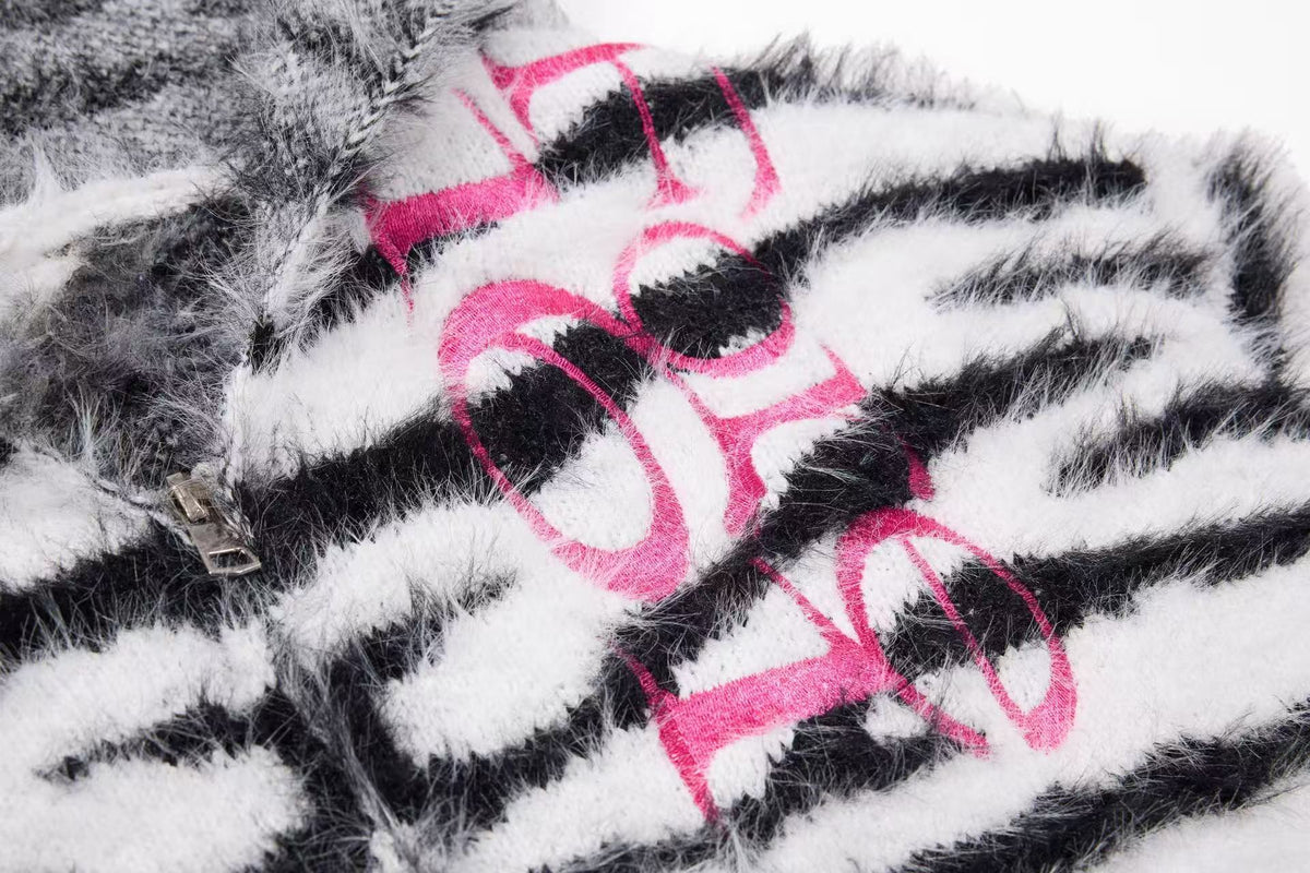 Madxmarx Fuzzy Zebra Graphic Zip-Up Sweater