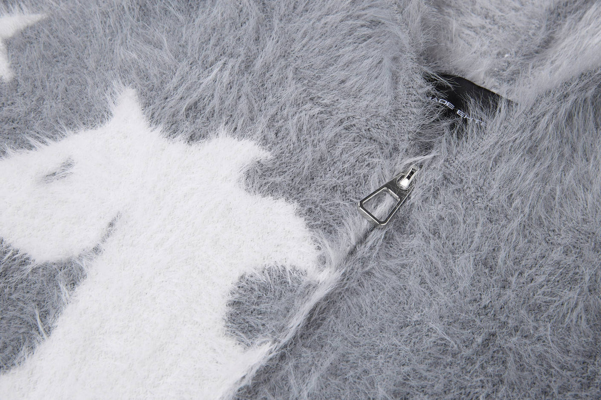 Madxmarx Fuzzy Graphic Zip-Up Sweater