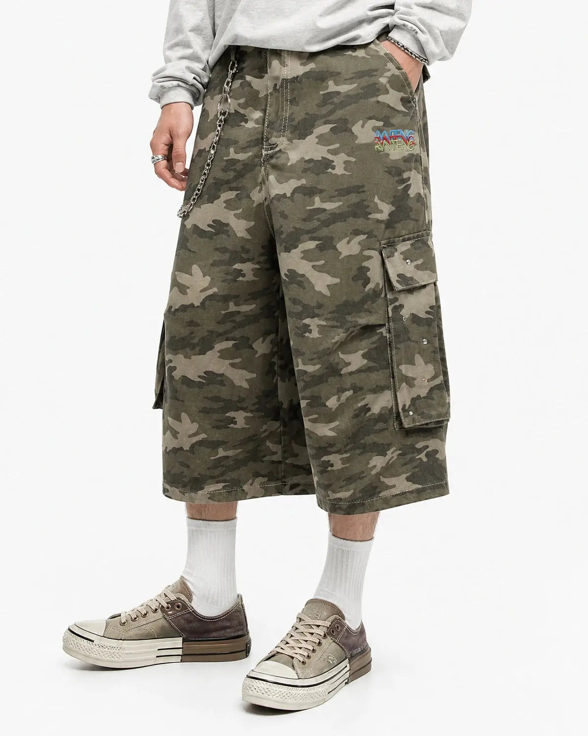 Embroidered Camo Cargo Longline Shorts