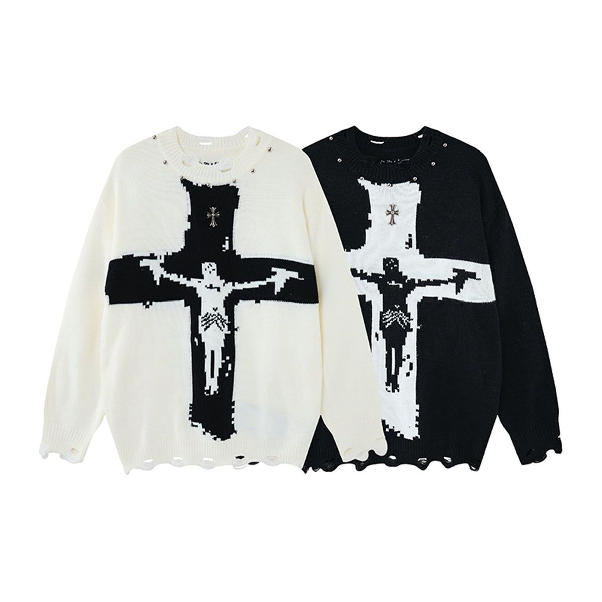 Madxmarx Distressed Cross Knit Sweater