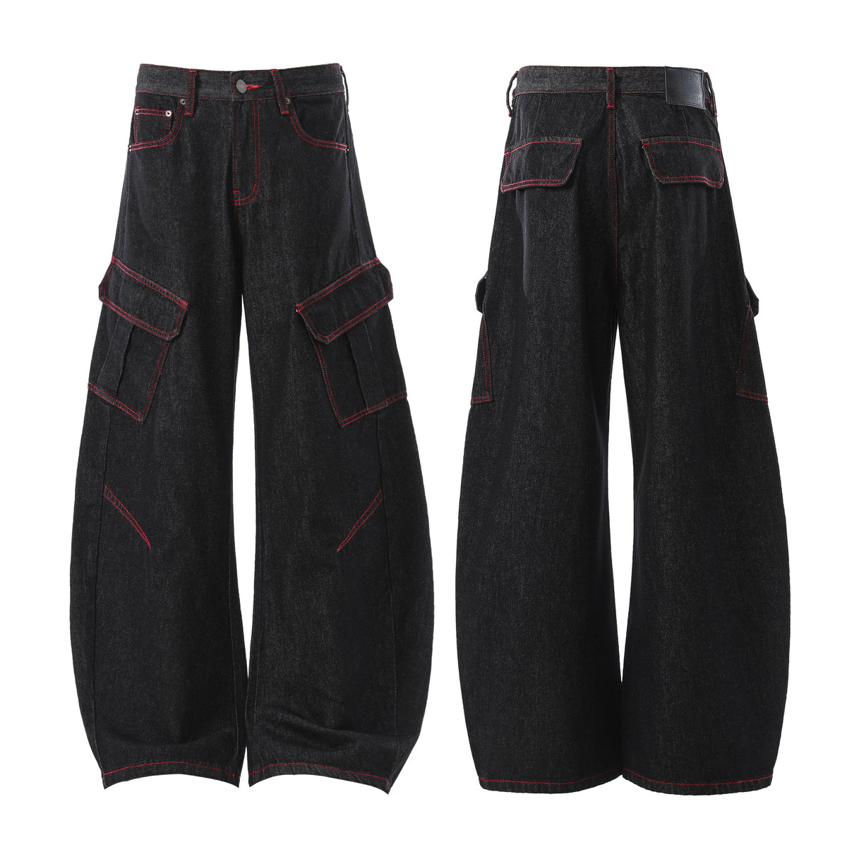 Pantalon cargo en jean incurvé à surpiqûres rouges Madxmarx
