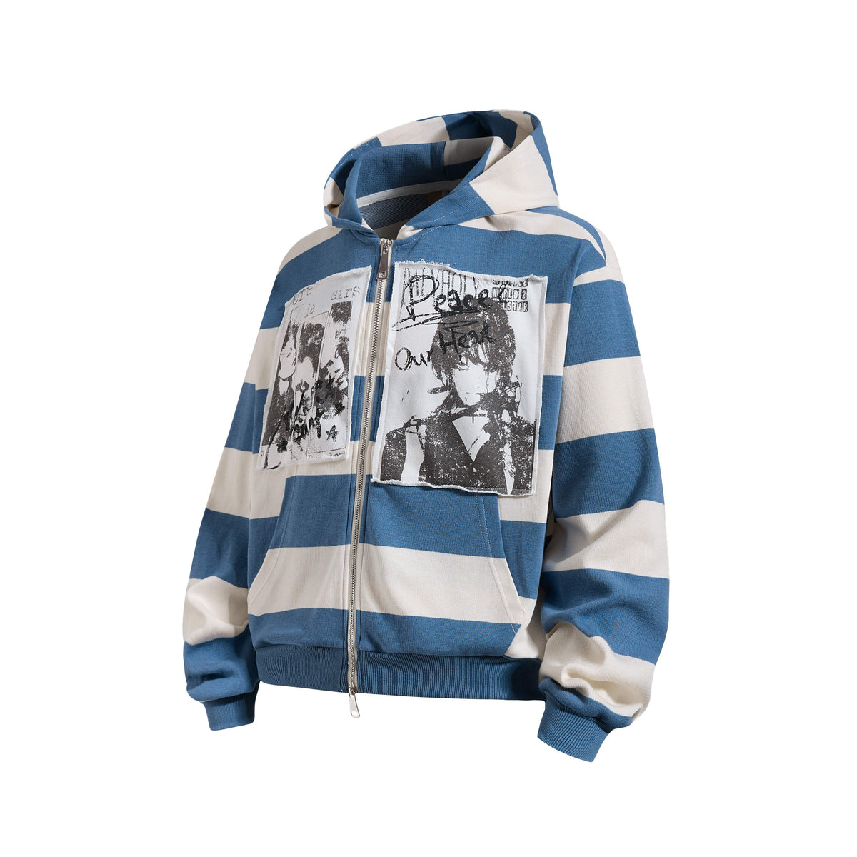 Madxmarx Striped Patchwork Graphic Zip-Up Hoodie