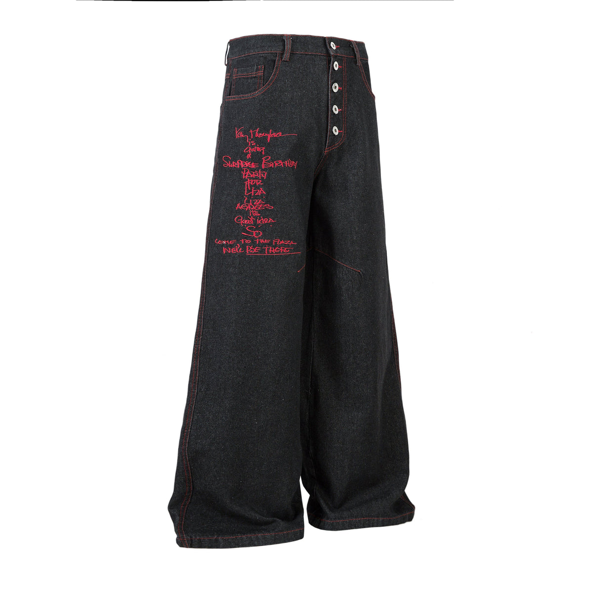 Madxmarx Red Stitch Embroidered Wide-Leg Jeans