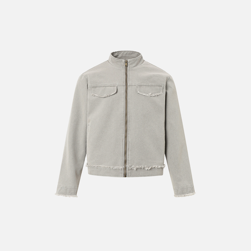Punk Ripped Heavyweight Fringed Zip Denim Jacket - Light Gray / M