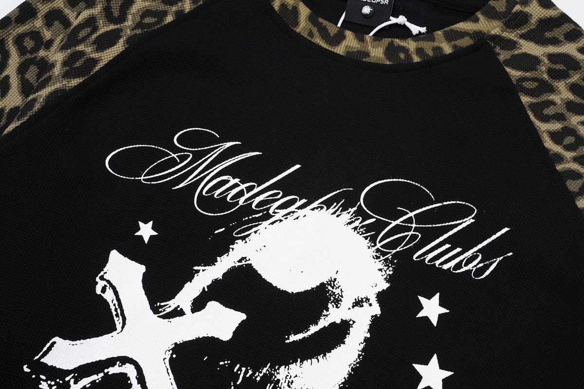 Madxmarx Leopard Sleeve Cross Graphic Long Sleeve Tee