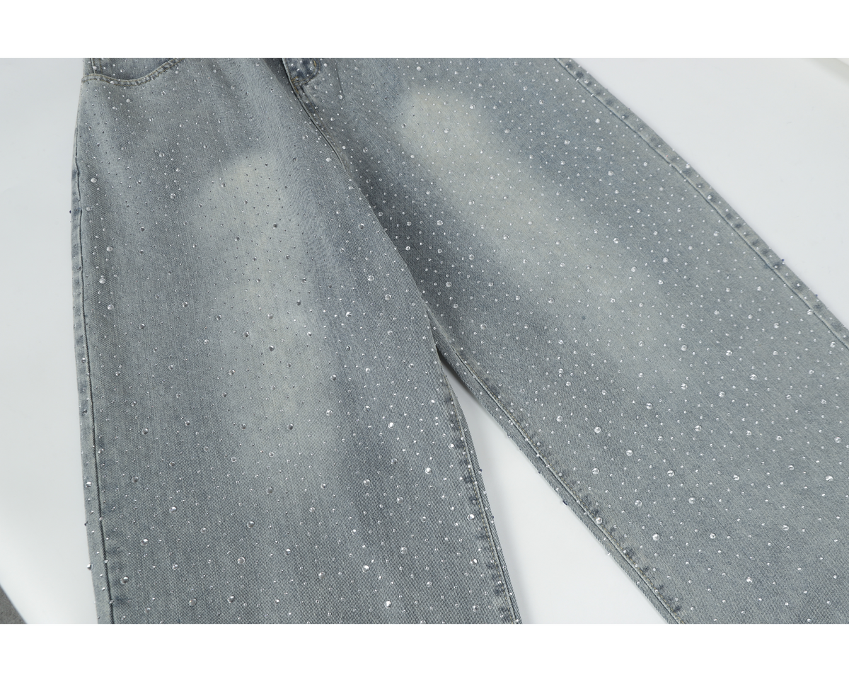 Calça Jeans Wide-Leg Madxmarx Lavagem Clara com Strass