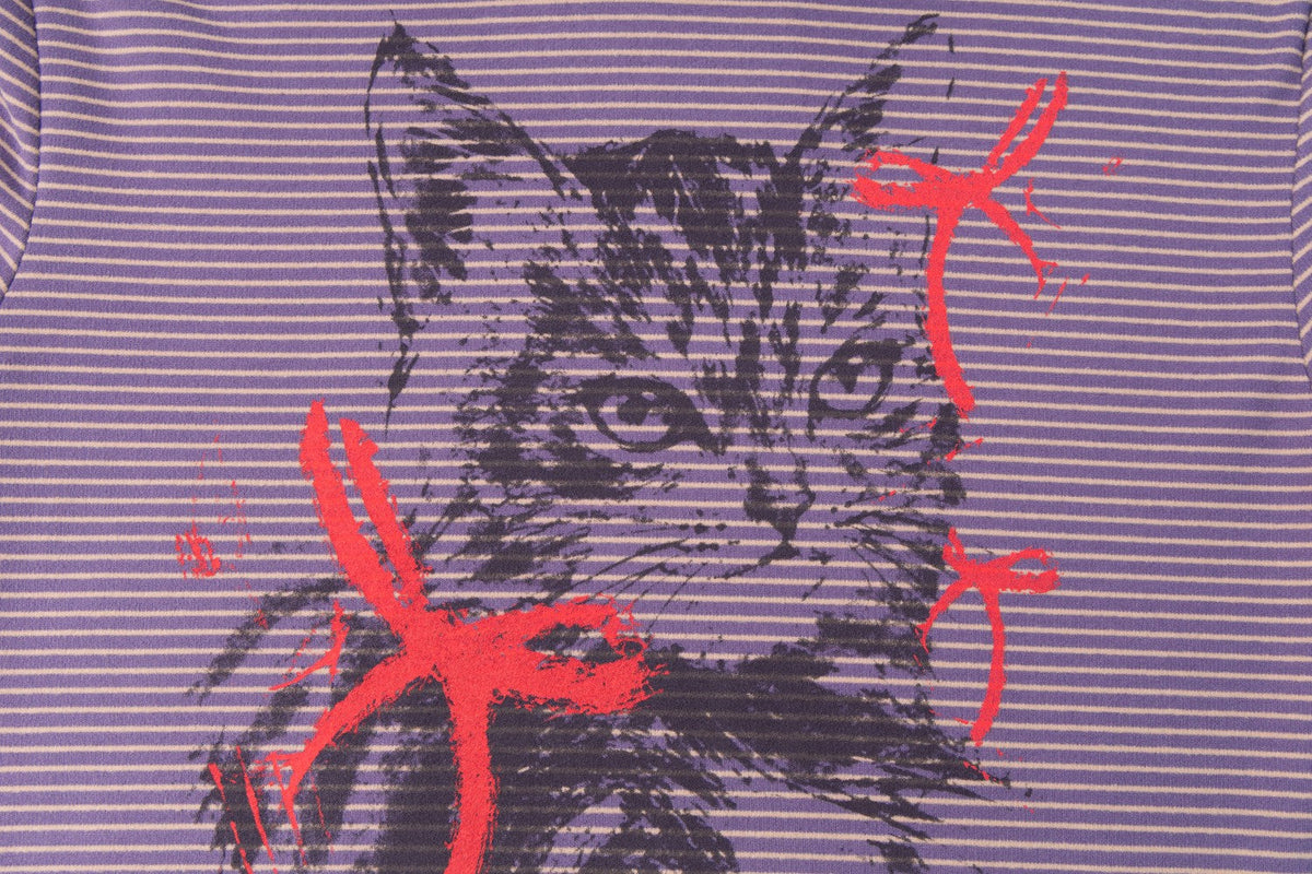 Madxmarx Striped Cat Graphic Mock Neck Long Sleeve Tee