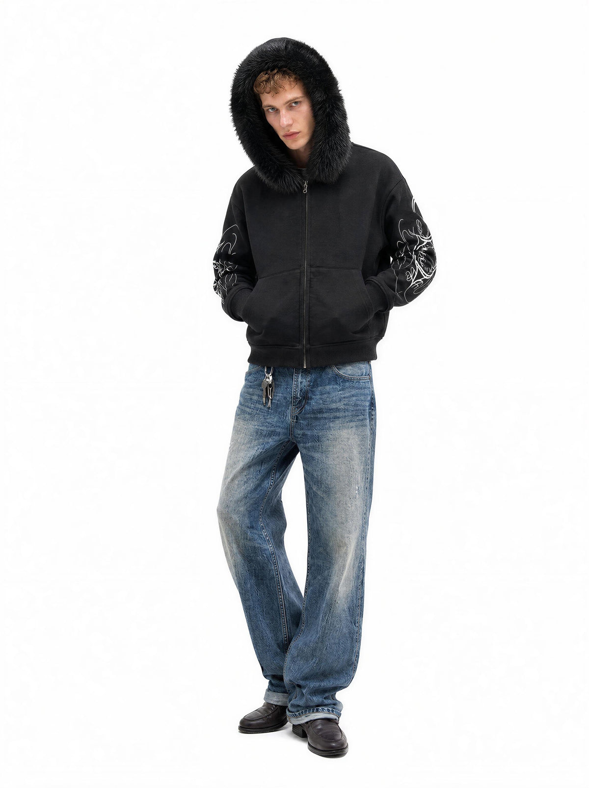 Madxmarx Faux Fur Hood Graphic Zip-Up Hoodie