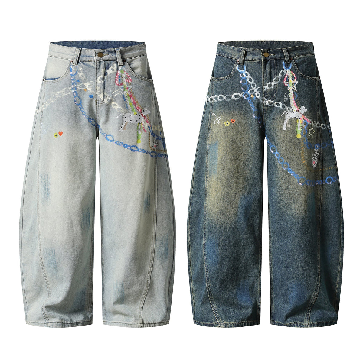 Madxmarx Handbemalte weite Jeans mit Grafik-Print