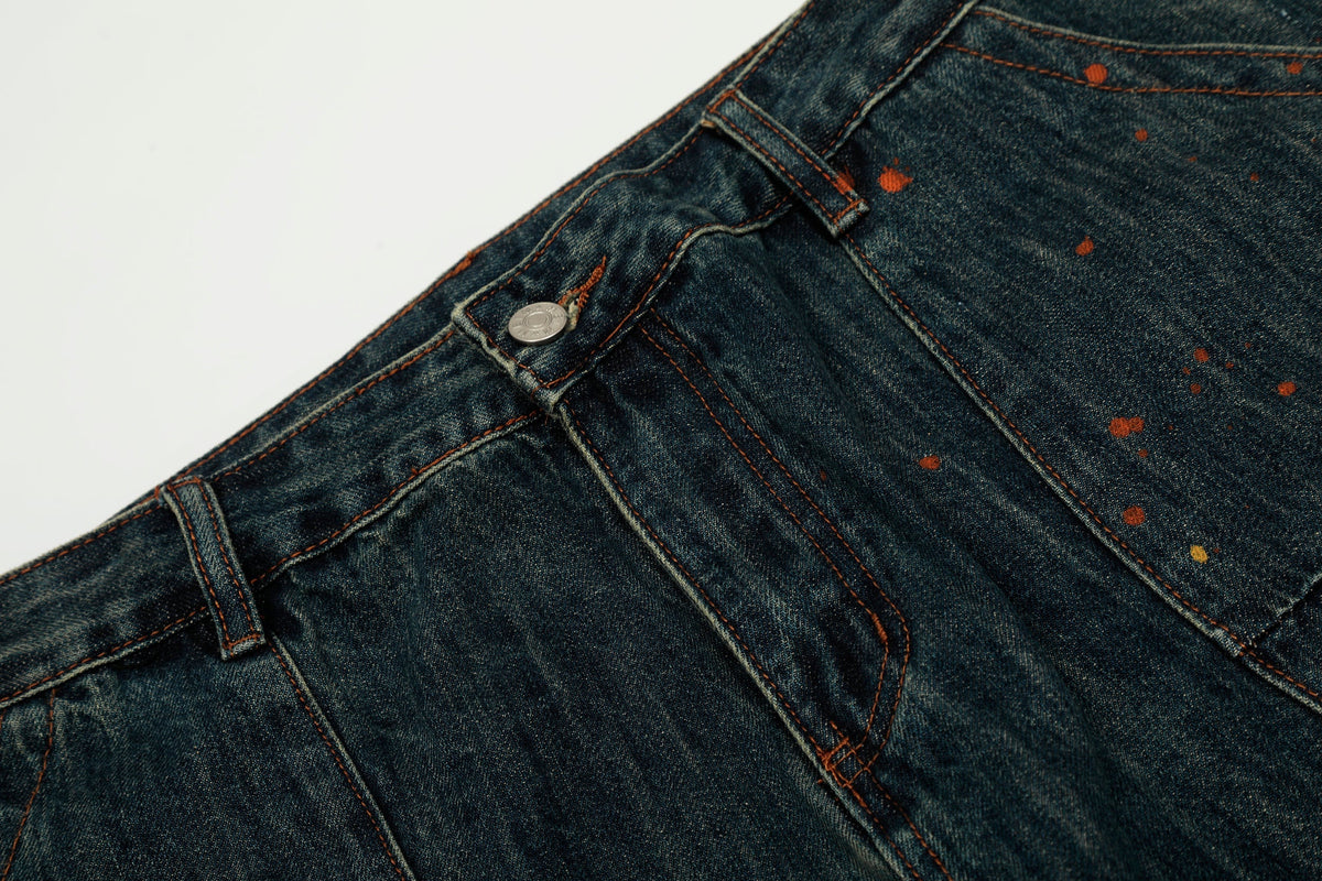 Calça Jeans Wide-Leg Patchwork com Respingos de Tinta Madxmarx