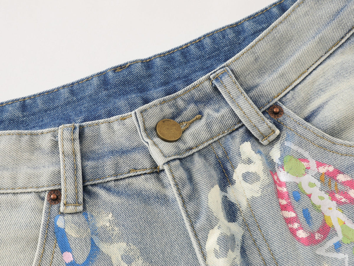 Madxmarx Handbemalte weite Jeans mit Grafik-Print