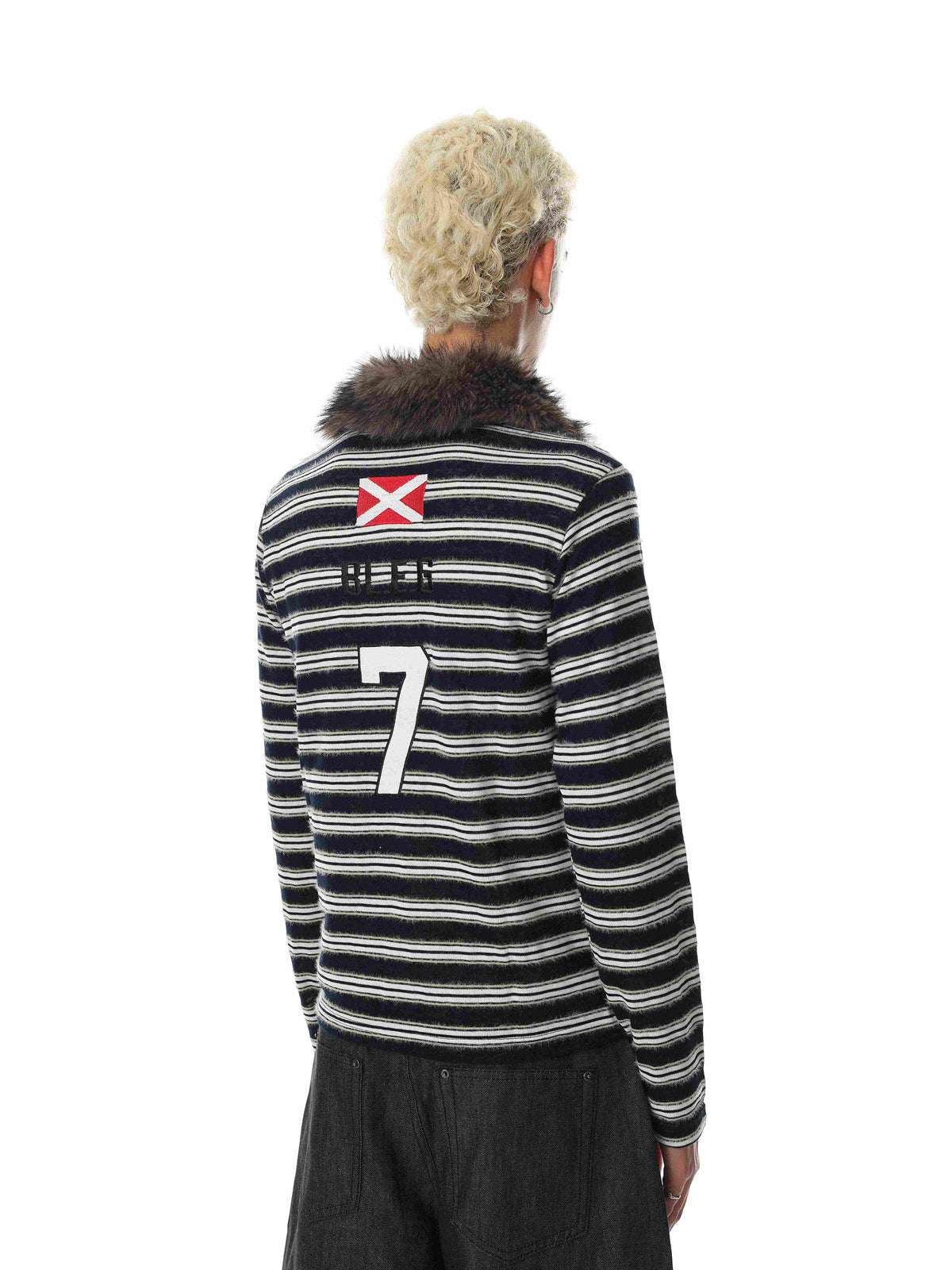 Madxmarx Vintage Striped Fur Collar Long Sleeve Polo