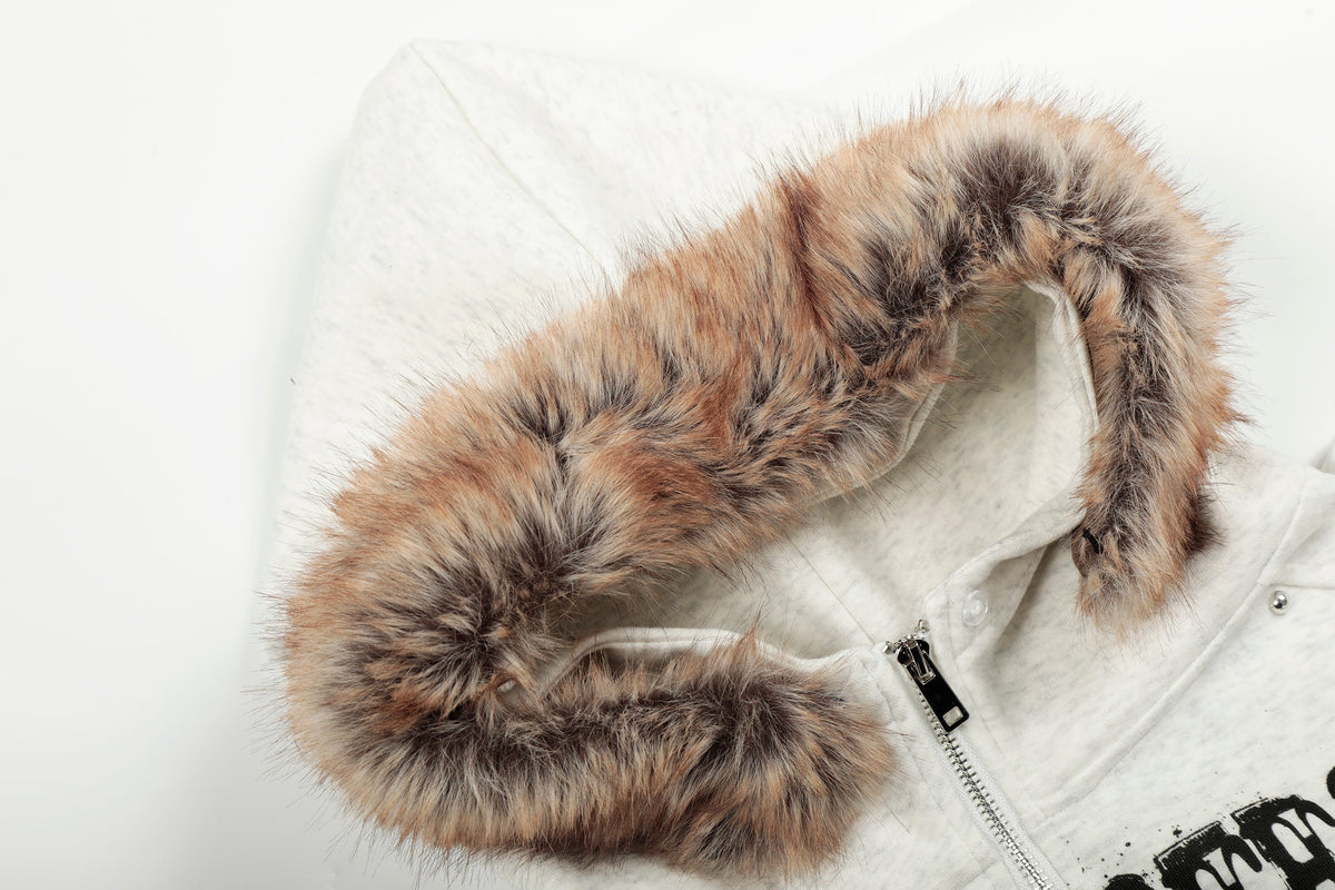 Madxmarx Faux-Fur Collar Graphic Zip Hoodie