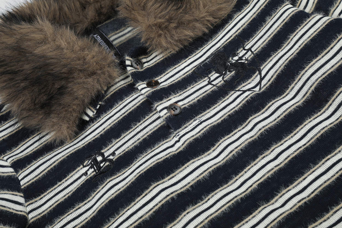 Madxmarx Vintage Striped Fur Collar Long Sleeve Polo
