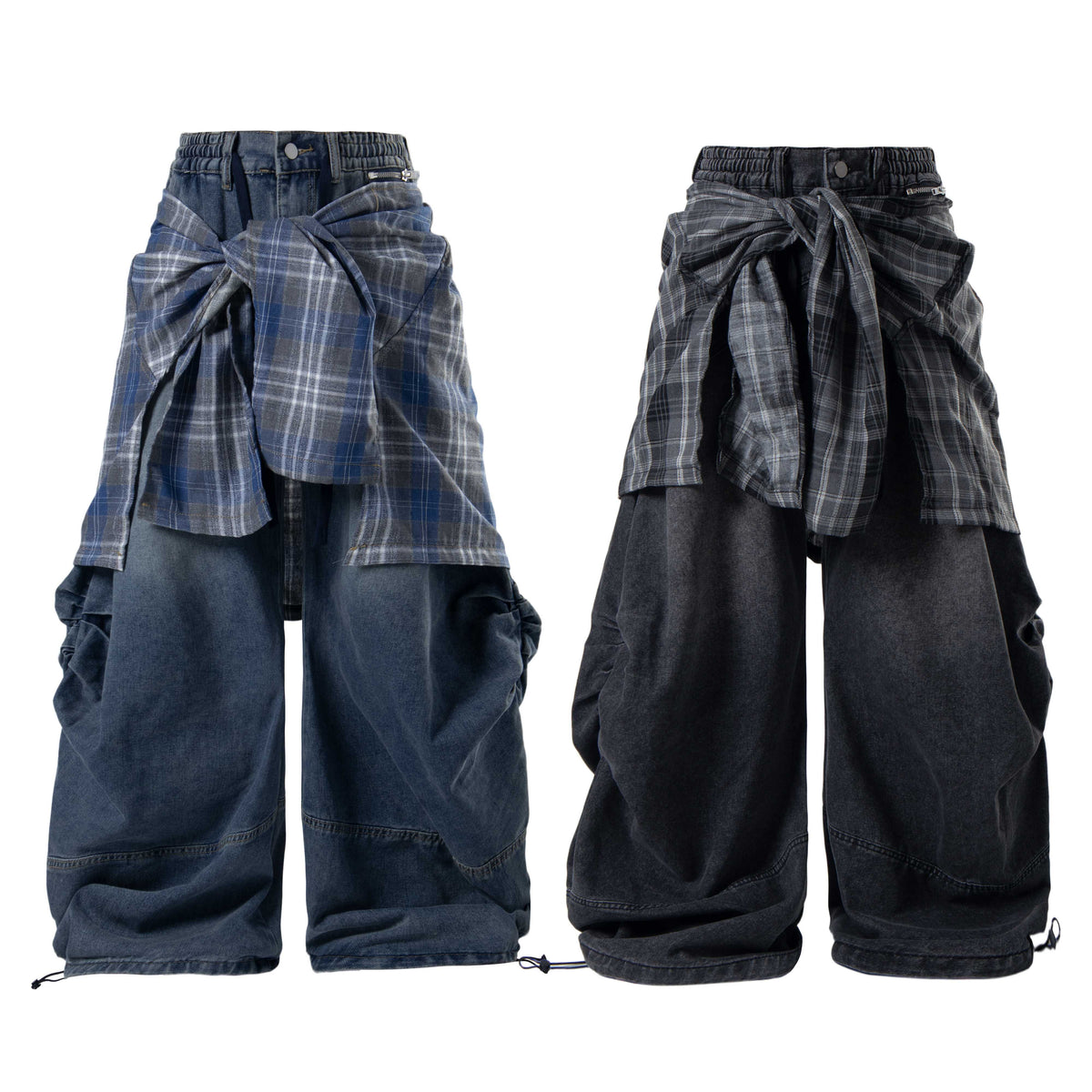 Madxmarx Layered Plaid Baggy Jeans