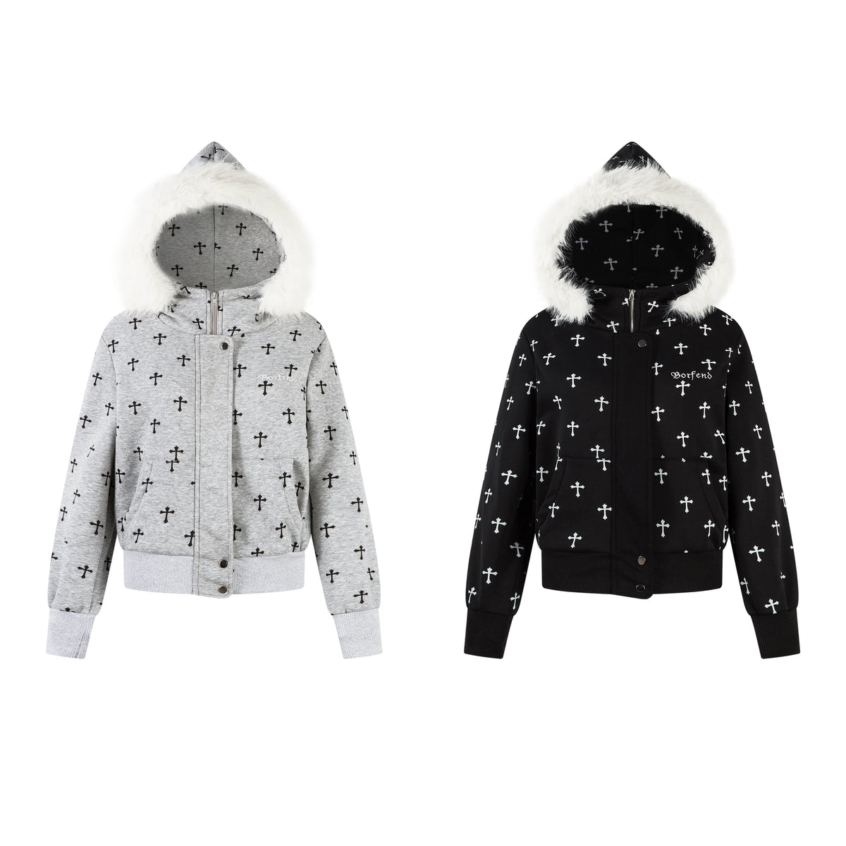 Madxmarx Cross Print Faux Fur Hooded Jacket
