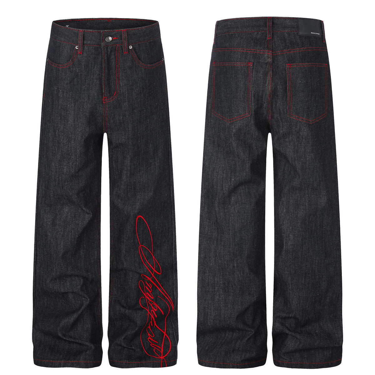 Madxmarx Contrast Stitch Graphic Wide-Leg Jeans