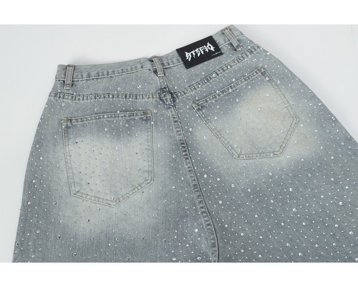 Calça Jeans Wide-Leg Madxmarx Lavagem Clara com Strass