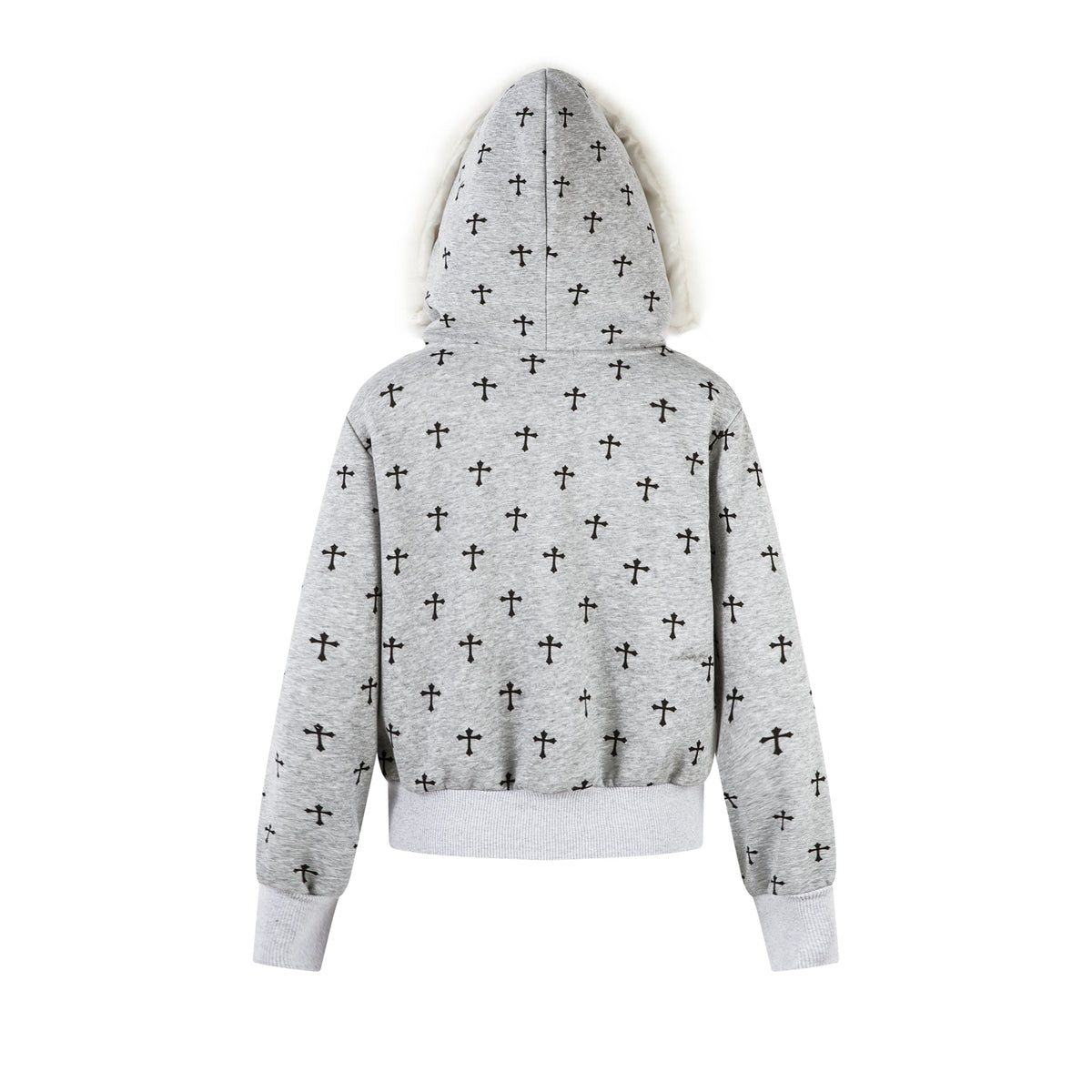 Madxmarx Cross Print Faux Fur Hooded Jacket