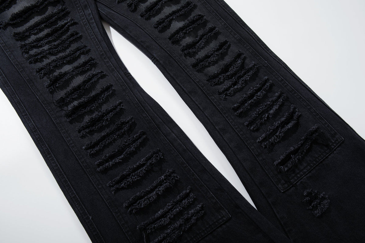 Calça Jeans Wide-Leg Preta Canelada Desfiada Madxmarx