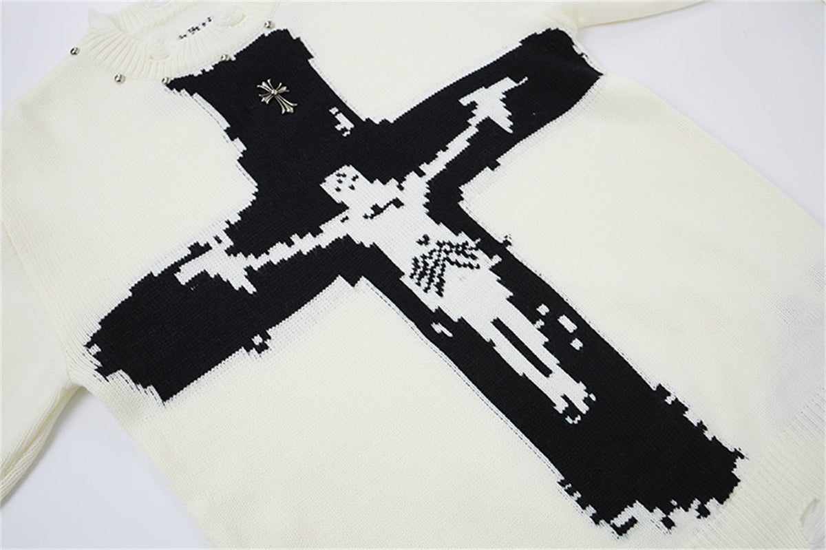 Madxmarx Distressed Cross Knit Sweater