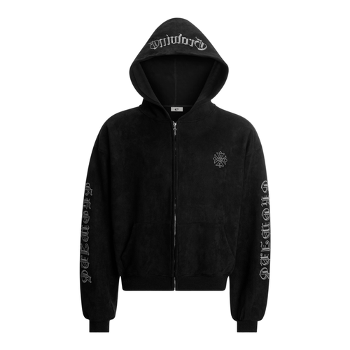 Madxmarx Gothic Embroidered Suede Zip Hoodie - M / Black