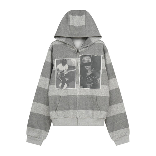 Madxmarx Striped Portrait Zip-Up Hoodie - M / Grey
