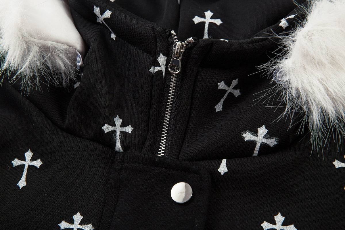 Madxmarx Cross Print Faux Fur Hooded Jacket