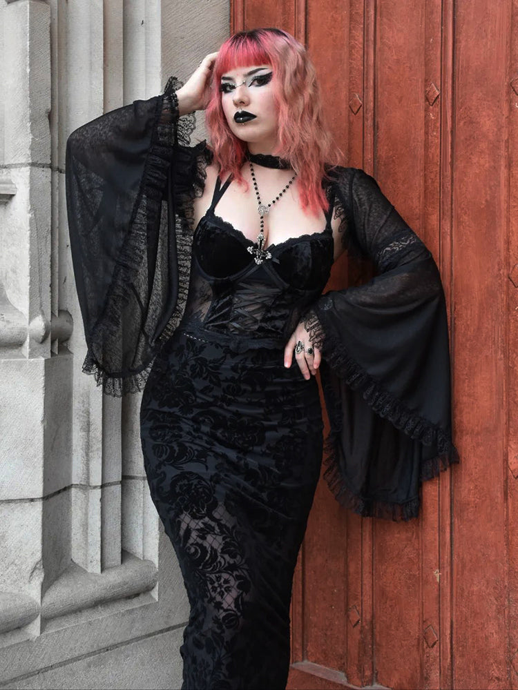 Vestido midi gótico Harajuku de calle con estampado de malla, vendaje de corsé de encaje de terciopelo y tirantes.