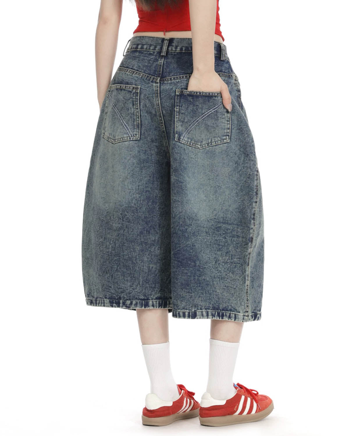 Studded Washed Long Baggy Jorts