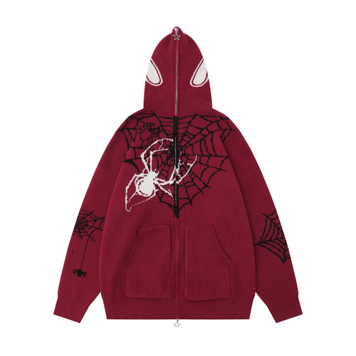 Madxmarx Spider Web Knit Zip Hoodie - M / Red