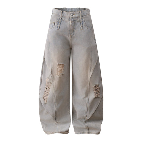 Madxmarx Distressed Curved Wide-Leg Denim Pants - XS / Blue